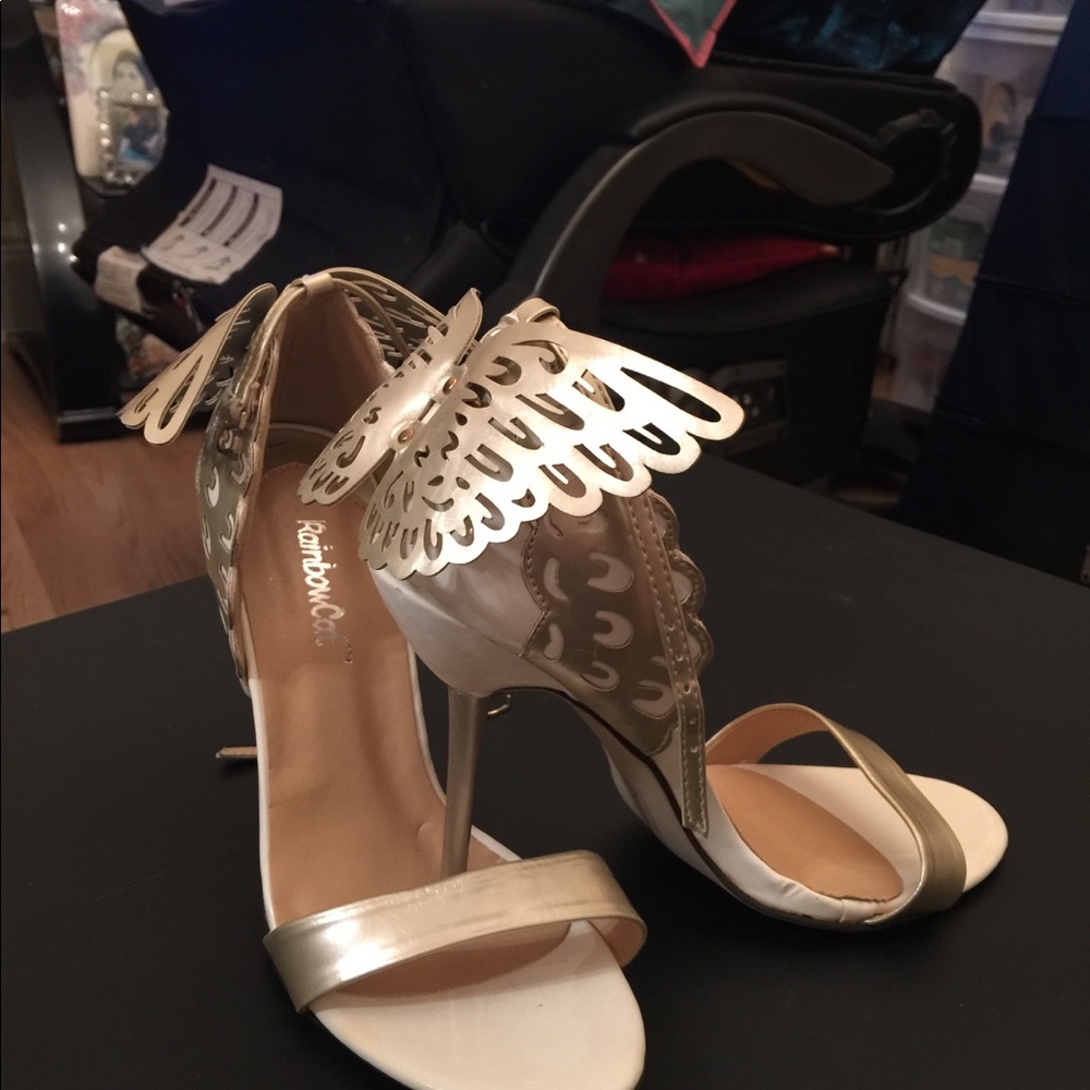 gold and white heels